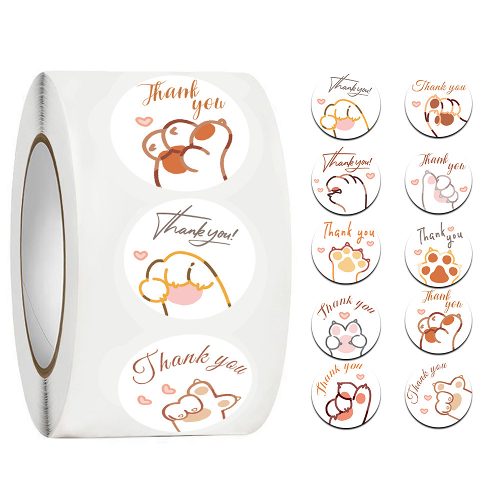 Sticker Label Roll - สติกเกอร์ขอบคุณลายการ์ตูนอุ้งเท้าแมวน่ารัก JCAC 500 ชิ้น/ม้วน, ฉลากแบบมีกาวในตัวสำหรับรางวัลครู, ตราประวัติส่งเสริมกำลังใจนักเรียน